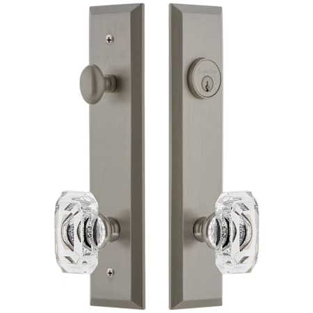 Grandeur Fifth Avenue Solid Brass Tall Plate Single Cylinder Keyed Entry Set with Baguette Clear Crystal Knob and 2-3/4" Backset Satin Nickel