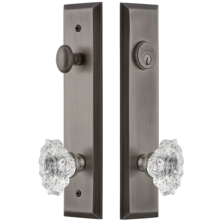 Grandeur Fifth Avenue Solid Brass Tall Plate Single Cylinder Keyed Entry Set with Biarritz Crystal Knob and 2-3/4" Backset Antique Pewter