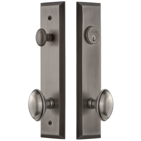 Grandeur Fifth Avenue Solid Brass Tall Plate Single Cylinder Keyed Entry Set with Eden Prairie Knob and 2-3/4" Backset Antique Pewter