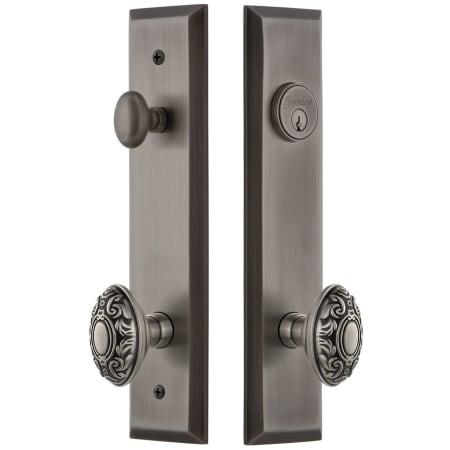 Grandeur Fifth Avenue Solid Brass Tall Plate Single Cylinder Keyed Entry Set with Grande Victorian Knob and 2-3/8" Backset Antique Pewter