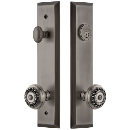 Grandeur Fifth Avenue Solid Brass Tall Plate Single Cylinder Keyed Entry Set with Parthenon Knob and 2-3/8" Backset Antique Pewter