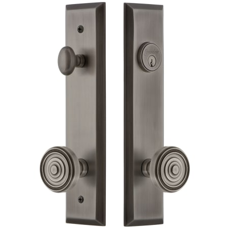 Grandeur Fifth Avenue Solid Brass Tall Plate Single Cylinder Keyed Entry Set with Soleil Knob and 2-3/8" Backset Antique Pewter