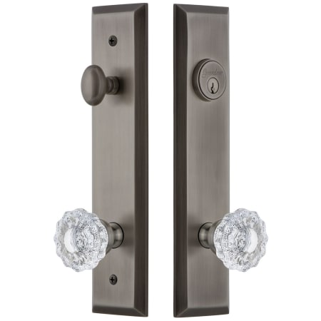 Grandeur Fifth Avenue Solid Brass Tall Plate Single Cylinder Keyed Entry Set with Versailles Crystal Knob and 2-3/8" Backset Antique Pewter