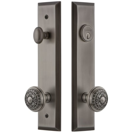 Grandeur Fifth Avenue Solid Brass Tall Plate Single Cylinder Keyed Entry Set with Windsor Knob and 2-3/4" Backset Antique Pewter