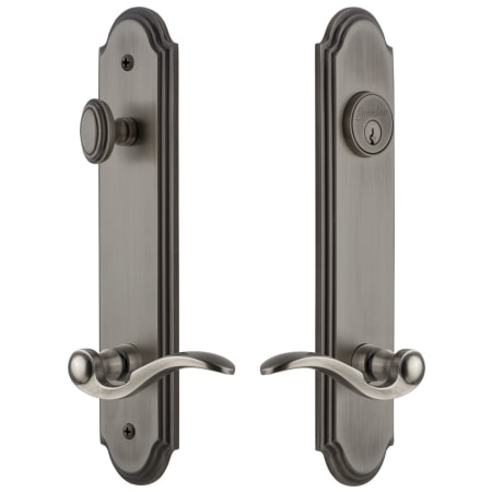 Grandeur Arc Solid Brass Tall Plate Single Cylinder Keyed Entry Set with Bellagio Lever and 2-3/4" Backset Antique Pewter