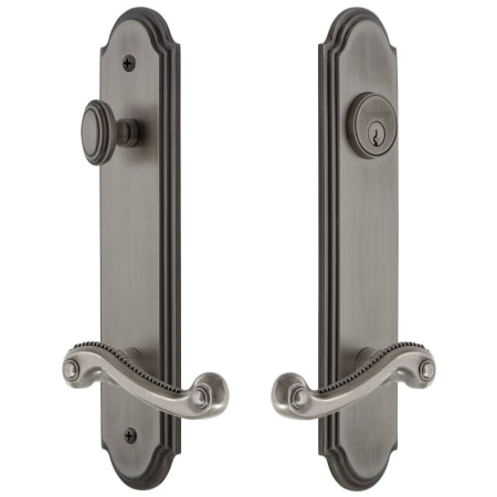 Grandeur Arc Solid Brass Tall Plate Single Cylinder Keyed Entry Set with Newport Lever and 2-3/8" Backset Antique Pewter