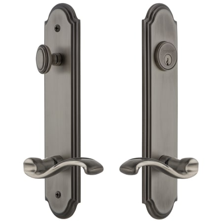 Grandeur Arc Solid Brass Tall Plate Single Cylinder Keyed Entry Set with Portofino Lever and 2-3/4" Backset Antique Pewter