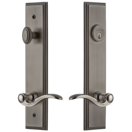 Grandeur Carre Solid Brass Tall Plate Single Cylinder Keyed Entry Set with Bellagio Lever and 2-3/8" Backset Antique Pewter