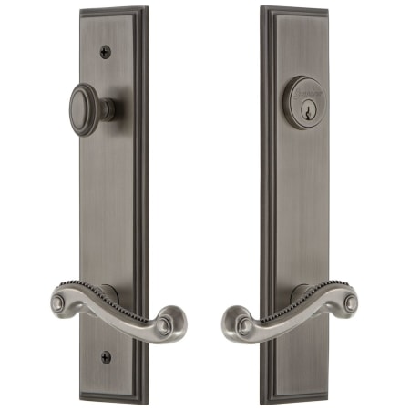 Grandeur Carre Solid Brass Tall Plate Single Cylinder Keyed Entry Set with Newport Lever and 2-3/8" Backset Antique Pewter