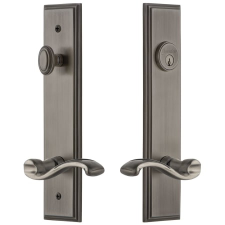 Grandeur Carre Solid Brass Tall Plate Single Cylinder Keyed Entry Set with Portofino Lever and 2-3/8" Backset Antique Pewter