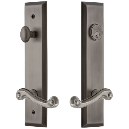 Grandeur Fifth Avenue Solid Brass Tall Plate Single Cylinder Keyed Entry Set with Newport Lever and 2-3/8" Backset Antique Pewter