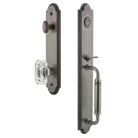Grandeur Arc Solid Brass Rose Keyed Entry Single Cylinder Full Plate "C" Grip Handleset with Baguette Clear Crystal Knob and 2-3/4" Backset Antique Pewter