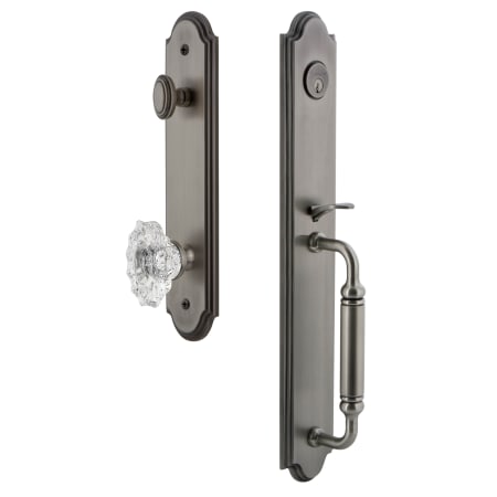 Grandeur Arc Solid Brass Rose Keyed Entry Single Cylinder Full Plate "C" Grip Handleset with Biarritz Crystal Knob and 2-3/4" Backset Antique Pewter