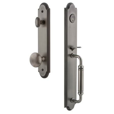 Grandeur Arc Solid Brass Rose Keyed Entry Single Cylinder Full Plate "C" Grip Handleset with Fifth Avenue Knob and 2-3/8" Backset Antique Pewter