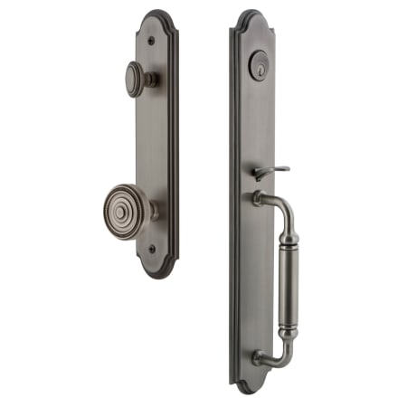 Grandeur Arc Solid Brass Rose Keyed Entry Single Cylinder Full Plate "C" Grip Handleset with Soleil Knob and 2-3/8" Backset Antique Pewter