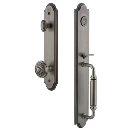 Grandeur Arc Solid Brass Rose Keyed Entry Single Cylinder Full Plate "C" Grip Handleset with Windsor Knob and 2-3/4" Backset Antique Pewter