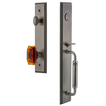 Grandeur Carre Solid Brass Rose Keyed Entry Single Cylinder Full Plate "C" Grip Handleset with Baguette Amber Crystal Knob and 2-3/4" Backset Antique Pewter