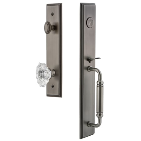 Grandeur Carre Solid Brass Rose Keyed Entry Single Cylinder Full Plate "C" Grip Handleset with Biarritz Crystal Knob and 2-3/4" Backset Antique Pewter