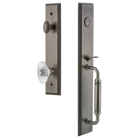 Grandeur Carre Solid Brass Rose Keyed Entry Single Cylinder Full Plate "C" Grip Handleset with Burgundy Crystal Knob and 2-3/8" Backset Antique Pewter