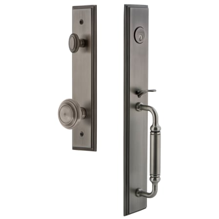 Grandeur Carre Solid Brass Rose Keyed Entry Single Cylinder Full Plate "C" Grip Handleset with Circulaire Knob and 2-3/8" Backset Antique Pewter
