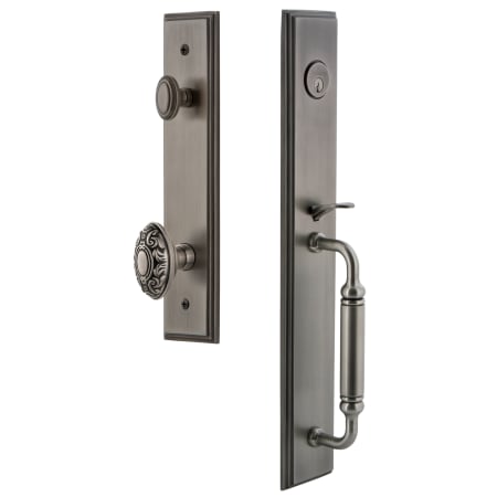 Grandeur Carre Solid Brass Rose Keyed Entry Single Cylinder Full Plate "C" Grip Handleset with Grande Victorian Knob and 2-3/8" Backset Antique Pewter