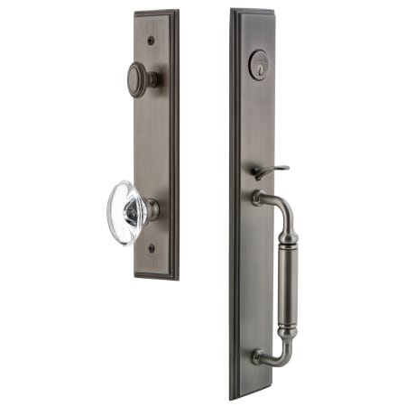 Grandeur Carre Solid Brass Rose Keyed Entry Single Cylinder Full Plate "C" Grip Handleset with Provence Crystal Knob and 2-3/8" Backset Antique Pewter