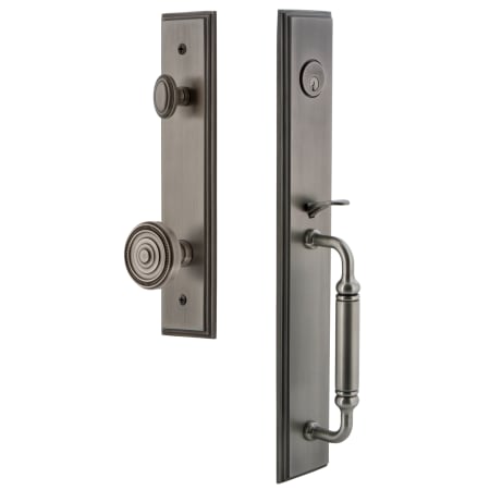 Grandeur Carre Solid Brass Rose Keyed Entry Single Cylinder Full Plate "C" Grip Handleset with Soleil Knob and 2-3/4" Backset Antique Pewter