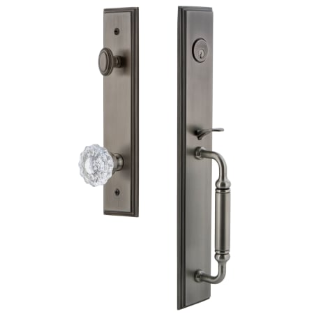 Grandeur Carre Solid Brass Rose Keyed Entry Single Cylinder Full Plate "C" Grip Handleset with Versailles Crystal Knob and 2-3/8" Backset Antique Pewter
