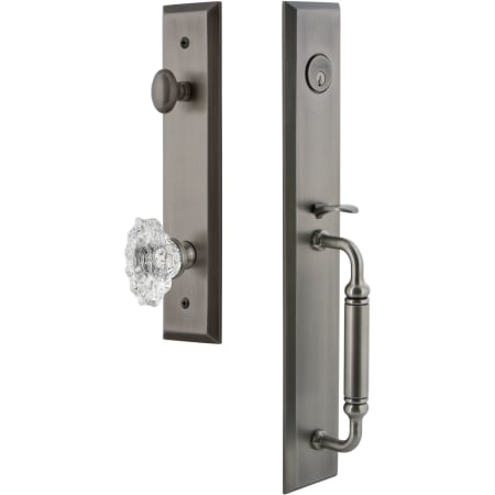 Grandeur Fifth Avenue Solid Brass Rose Keyed Entry Single Cylinder "C" Grip Handleset with Biarritz Crystal Knob and 2-3/8" Backset Antique Pewter