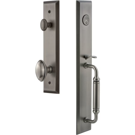 Grandeur Fifth Avenue Solid Brass Rose Keyed Entry Single Cylinder "C" Grip Handleset with Eden Prairie Knob and 2-3/4" Backset Antique Pewter