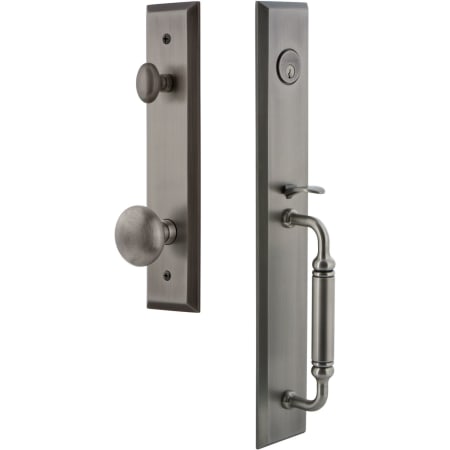Grandeur Fifth Avenue Solid Brass Rose Keyed Entry Single Cylinder "C" Grip Handleset with Fifth Avenue Knob and 2-3/8" Backset Antique Pewter