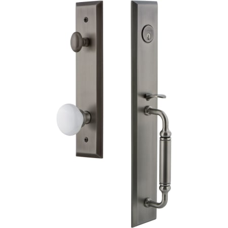 Grandeur Fifth Avenue Solid Brass Rose Keyed Entry Single Cylinder "C" Grip Handleset with Hyde Park Knob and 2-3/8" Backset Antique Pewter