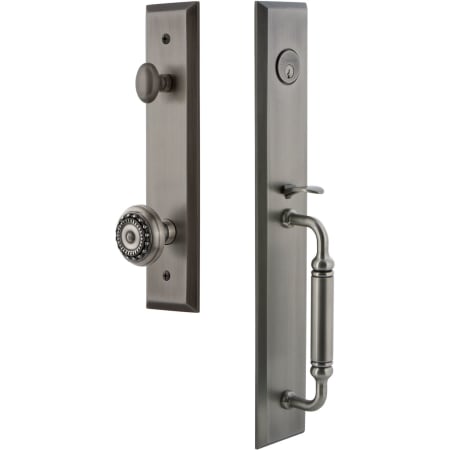 Grandeur Fifth Avenue Solid Brass Rose Keyed Entry Single Cylinder "C" Grip Handleset with Parthenon Knob and 2-3/8" Backset Antique Pewter