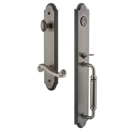 Grandeur Arc Solid Brass Rose Left Handed Keyed Entry Single Cylinder Full Plate "C" Grip Handleset with Newport Lever and 2-3/8" Backset Antique Pewter