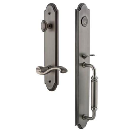 Grandeur Arc Solid Brass Rose Right Handed Keyed Entry Single Cylinder Full Plate "C" Grip Handleset with Portofino Lever and 2-3/8" Backset Antique Pewter