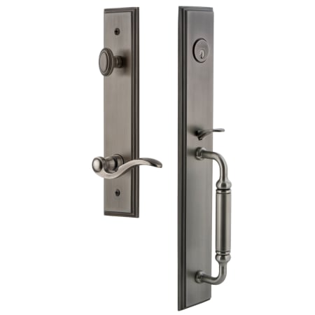 Grandeur Carre Solid Brass Rose Left Handed Keyed Entry Single Cylinder Full Plate "C" Grip Handleset with Bellagio Lever and 2-3/4" Backset Antique Pewter