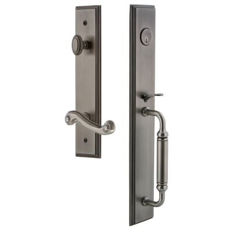 Grandeur Carre Solid Brass Rose Left Handed Keyed Entry Single Cylinder Full Plate "C" Grip Handleset with Newport Lever and 2-3/8" Backset Antique Pewter