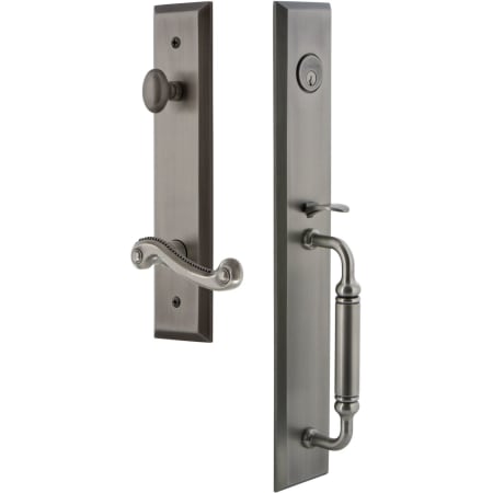 Grandeur Fifth Avenue Solid Brass Rose Left Handed Keyed Entry Single Cylinder "C" Grip Handleset with Newport Lever and 2-3/4" Backset Antique Pewter