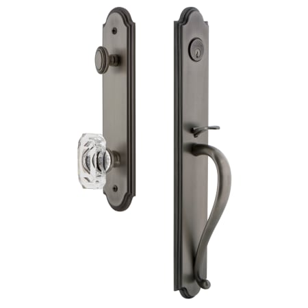 Grandeur Arc Solid Brass Rose Keyed Entry Single Cylinder Full Plate "S" Grip Handleset with Baguette Clear Crystal Knob and 2-3/4" Backset Antique Pewter