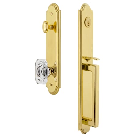Grandeur Arc Solid Brass Rose Keyed Entry Single Cylinder Full Plate "D" Grip Handleset with Baguette Clear Crystal Knob and 2-3/4" Backset Lifetime Brass