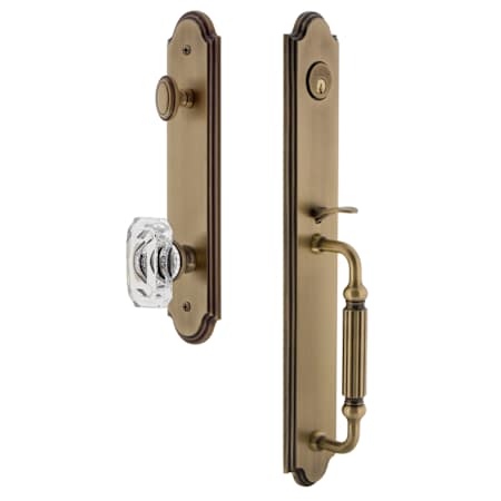 Grandeur Arc Solid Brass Rose Keyed Entry Single Cylinder Full Plate "F" Grip Handleset with Baguette Clear Crystal Knob and 2-3/8" Backset Vintage Brass