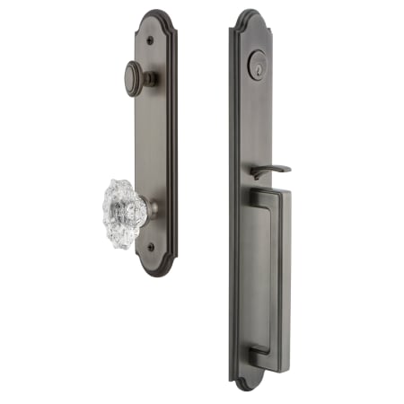 Grandeur Arc Solid Brass Rose Keyed Entry Single Cylinder Full Plate "D" Grip Handleset with Biarritz Crystal Knob and 2-3/8" Backset Antique Pewter