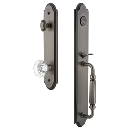 Grandeur Arc Solid Brass Rose Keyed Entry Single Cylinder Full Plate "F" Grip Handleset with Bordeaux Crystal Knob and 2-3/4" Backset Antique Pewter