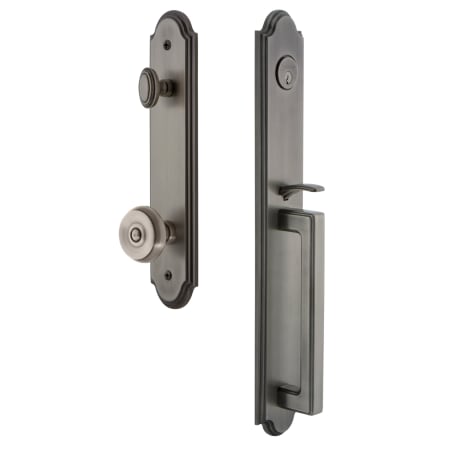 Grandeur Arc Solid Brass Rose Keyed Entry Single Cylinder Full Plate "D" Grip Handleset with Bouton Knob and 2-3/8" Backset Antique Pewter