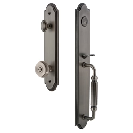 Grandeur Arc Solid Brass Rose Keyed Entry Single Cylinder Full Plate "F" Grip Handleset with Bouton Knob and 2-3/4" Backset Antique Pewter
