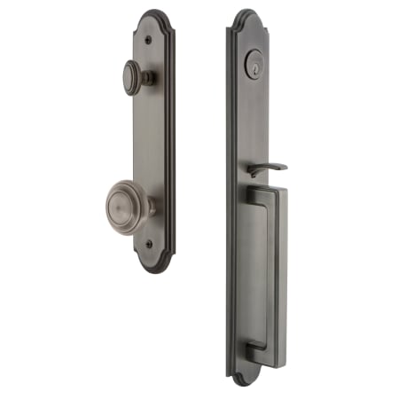 Grandeur Arc Solid Brass Rose Keyed Entry Single Cylinder Full Plate "D" Grip Handleset with Circulaire Knob and 2-3/4" Backset Antique Pewter