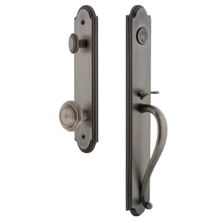 Grandeur Arc Solid Brass Rose Keyed Entry Single Cylinder Full Plate "S" Grip Handleset with Circulaire Knob and 2-3/4" Backset Antique Pewter