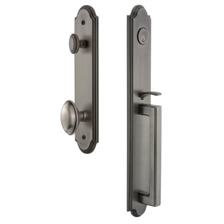 Grandeur Arc Solid Brass Rose Keyed Entry Single Cylinder Full Plate "D" Grip Handleset with Eden Prairie Knob and 2-3/4" Backset Antique Pewter