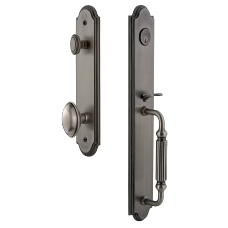 Grandeur Arc Solid Brass Rose Keyed Entry Single Cylinder Full Plate "F" Grip Handleset with Eden Prairie Knob and 2-3/4" Backset Antique Pewter