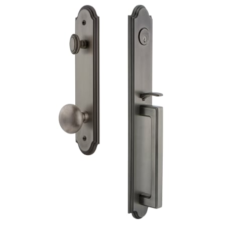 Grandeur Arc Solid Brass Rose Keyed Entry Single Cylinder Full Plate "D" Grip Handleset with Fifth Avenue Knob and 2-3/8" Backset Antique Pewter